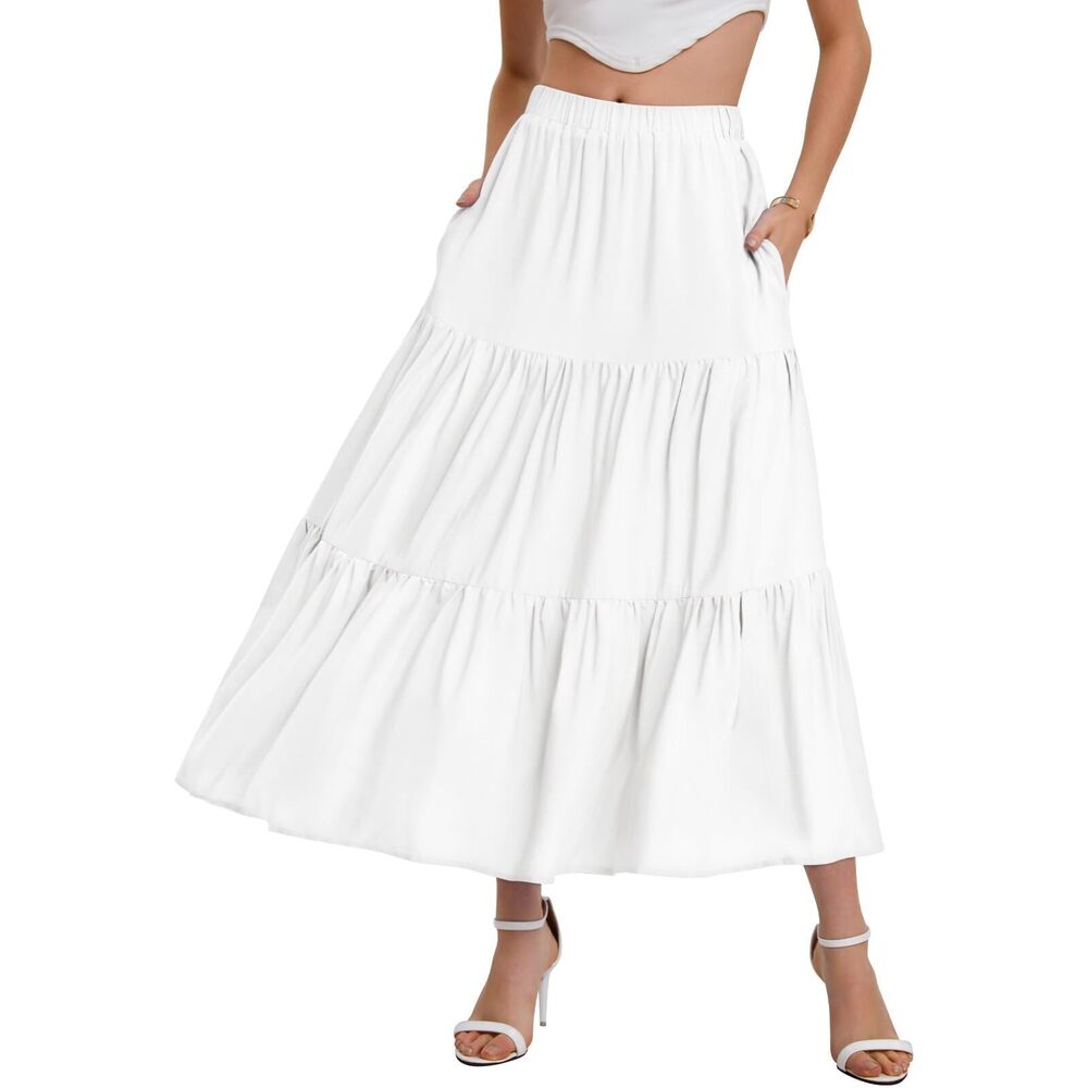 5390 White Maxi Skirt High Waist Ruffle A Line Skirt Long Bohemian Skirts